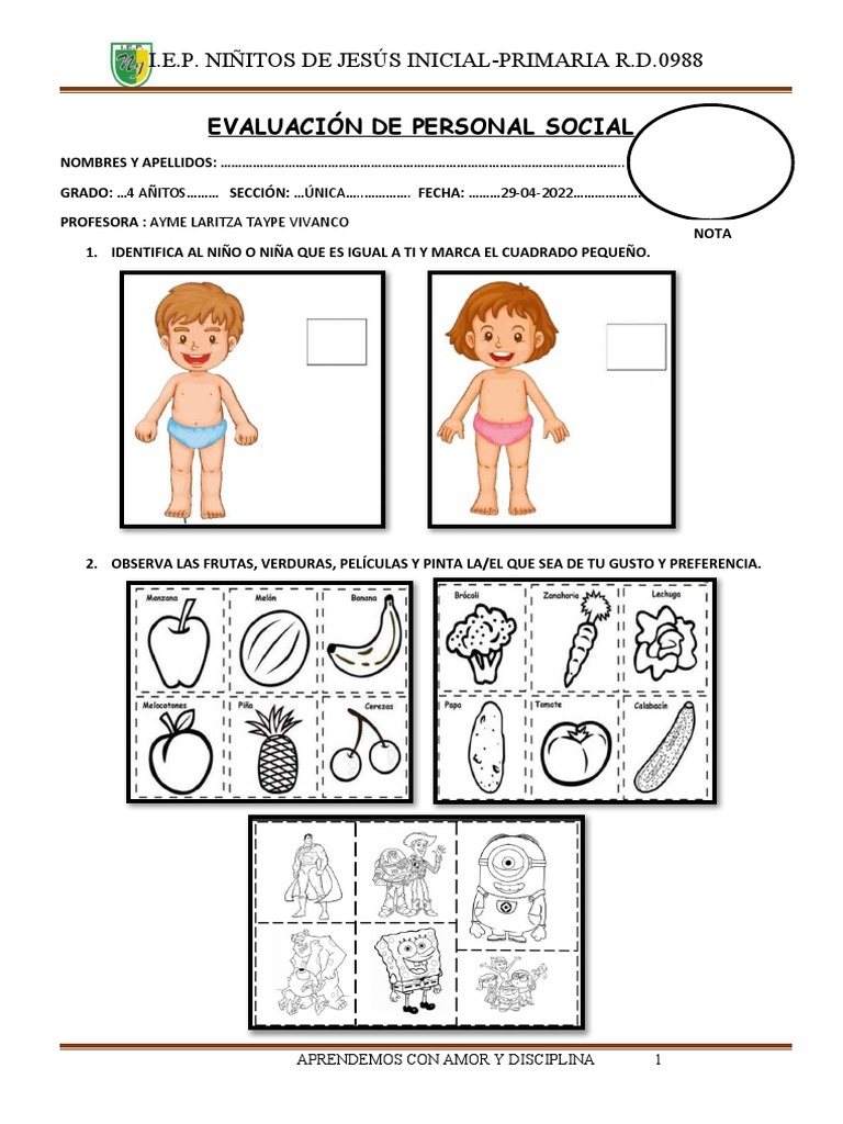 Evaluación de Personal Social Infantil | PDF | Relaciones personales ...