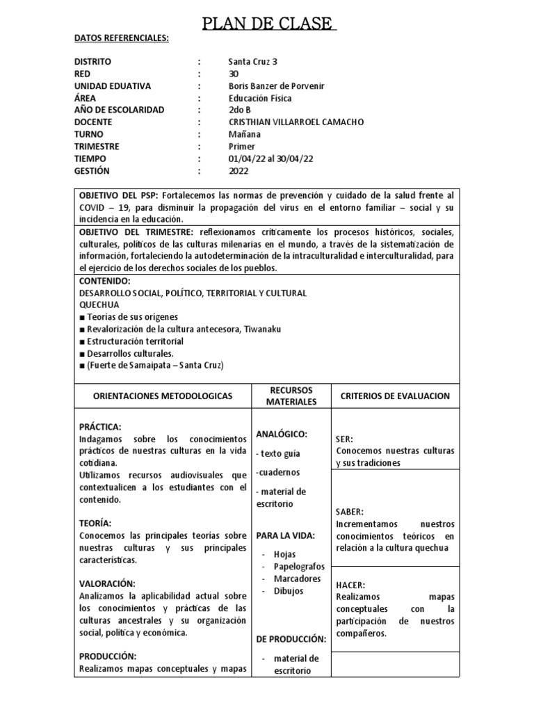 PLAN DE CLASE 2022 1 Trimestre | PDF | Plan de estudios | Evaluación