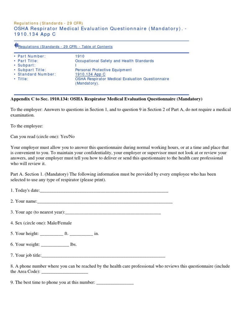 OSHA's Respirator Medical Questionnaire Cough Chronic Obstructive Pulmonary Disease