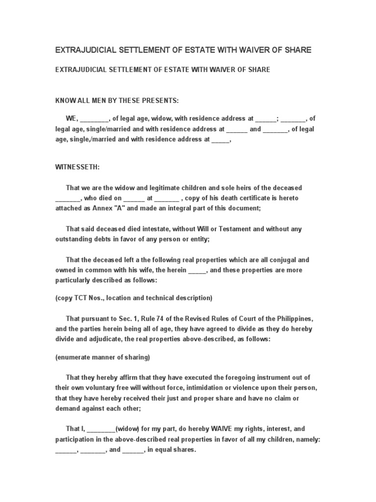 EXTRAJUDICIALSETTLEMENTOFESTATEWITHWAIVEROFSHARE20(1) PDF