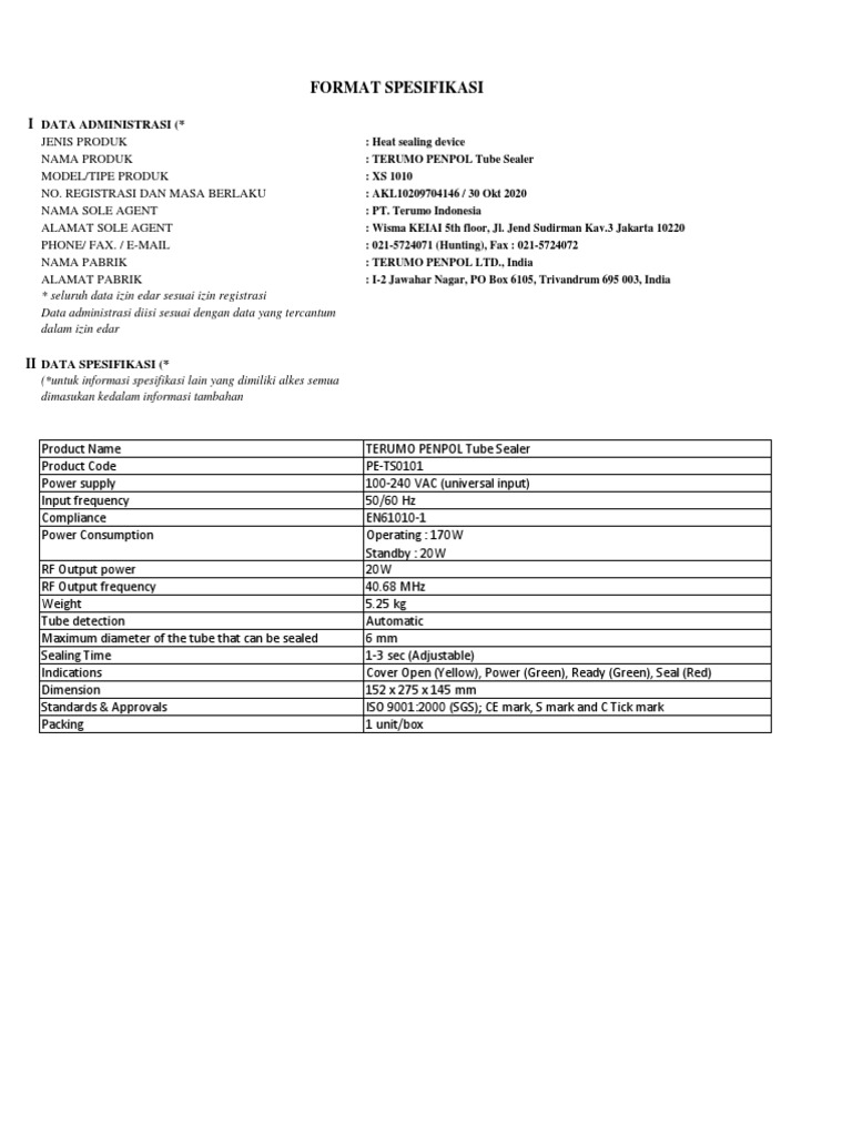 Spesifikasi Tube Sealer XS1010 PDF