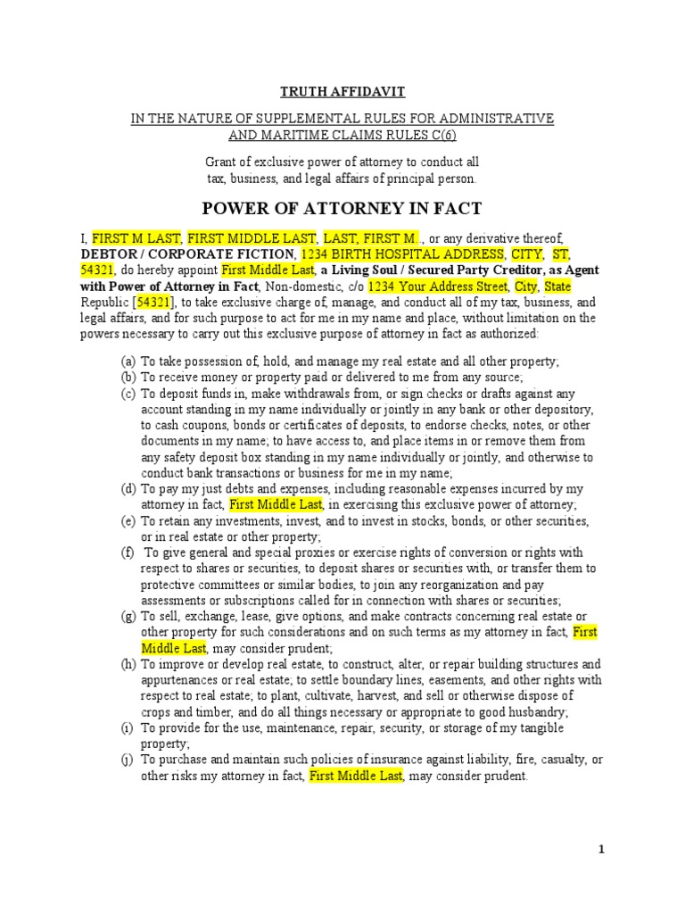 Power of Attorney in Fact: Truth Affidavit | PDF | Power Of Attorney ...