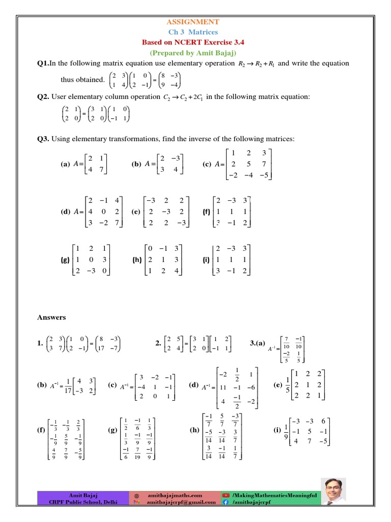 NCERT Matrices Assignment Solutions | PDF | Matrix (Mathematics ...