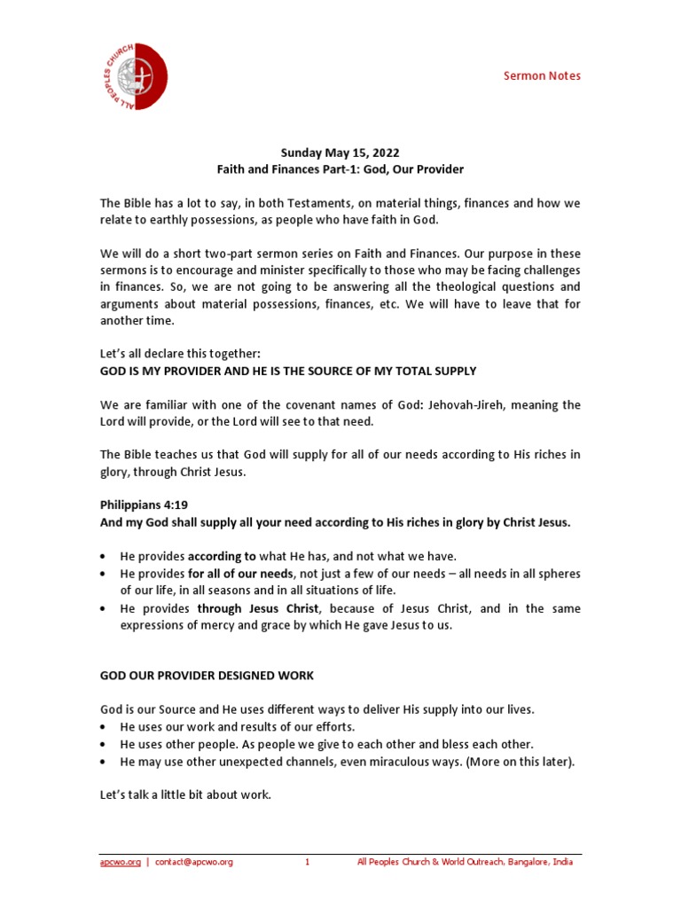 Faith And Finances Part 1 God Our Provider Ps Ashish Raichur Pdf