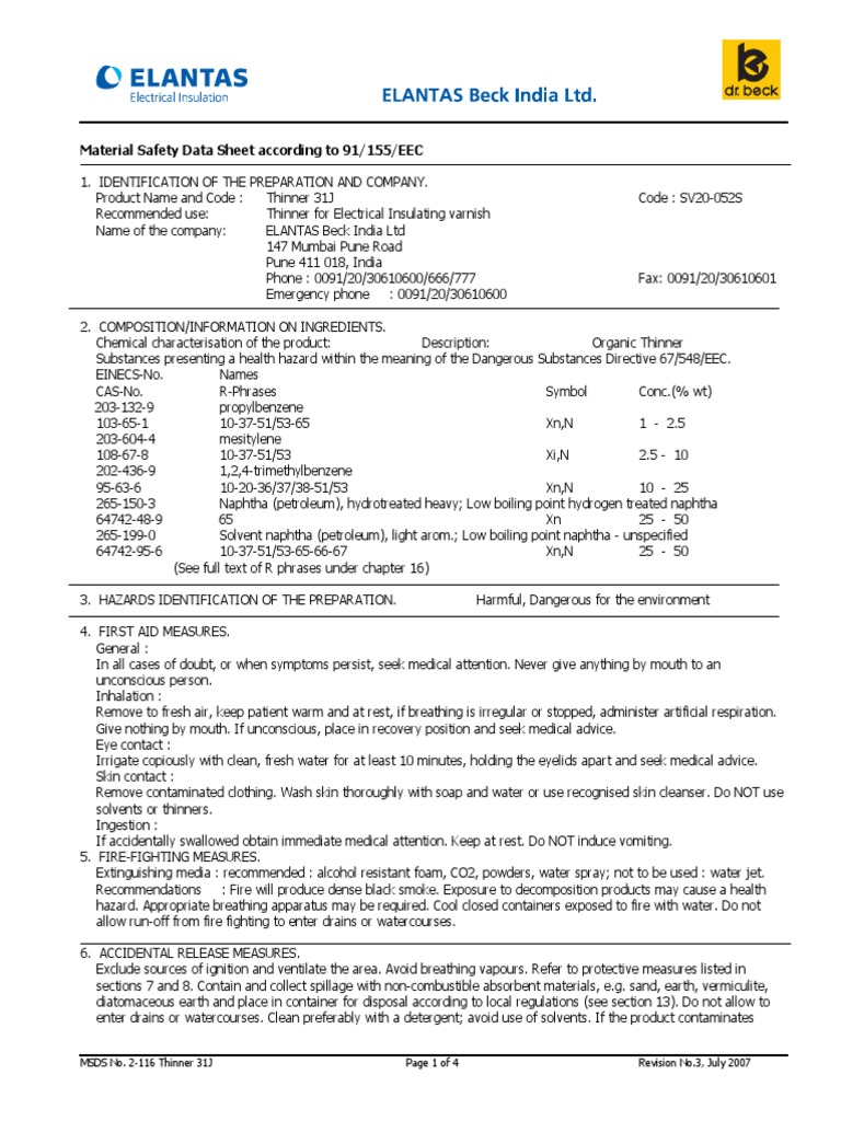 Material Safety Data Sheet According To 91/155/EEC MSDS No. 2116