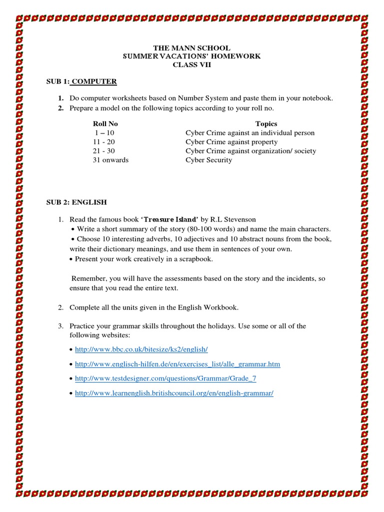 Class 7 Summer Vacation Homework | PDF | Triangle | Books