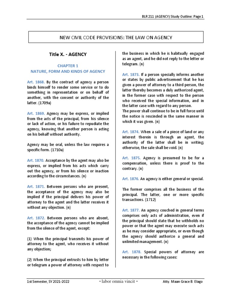 2 New Civil Code Provisions (Agency) PDF Law Of Agency Legal