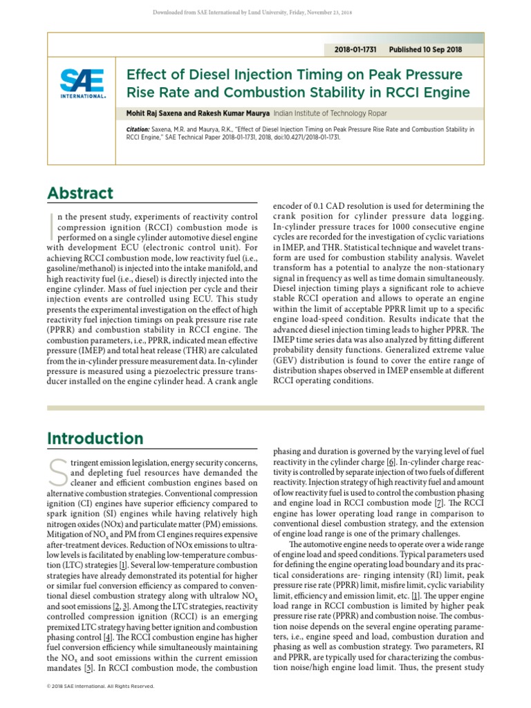Effect of Diesel Injection Timing On Peak Pressure Rise Rate and