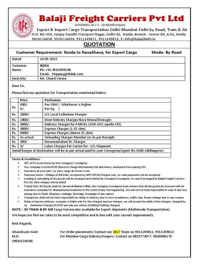 Balaji Freight Carriers PVT LTD: Quotation | PDF | Cargo | Supply Chain ...