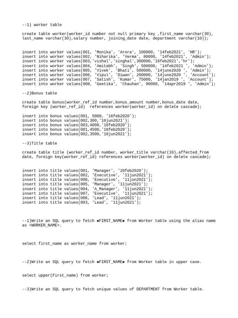 SQL Queries for Worker Management | PDF | Table (Database) | Sql
