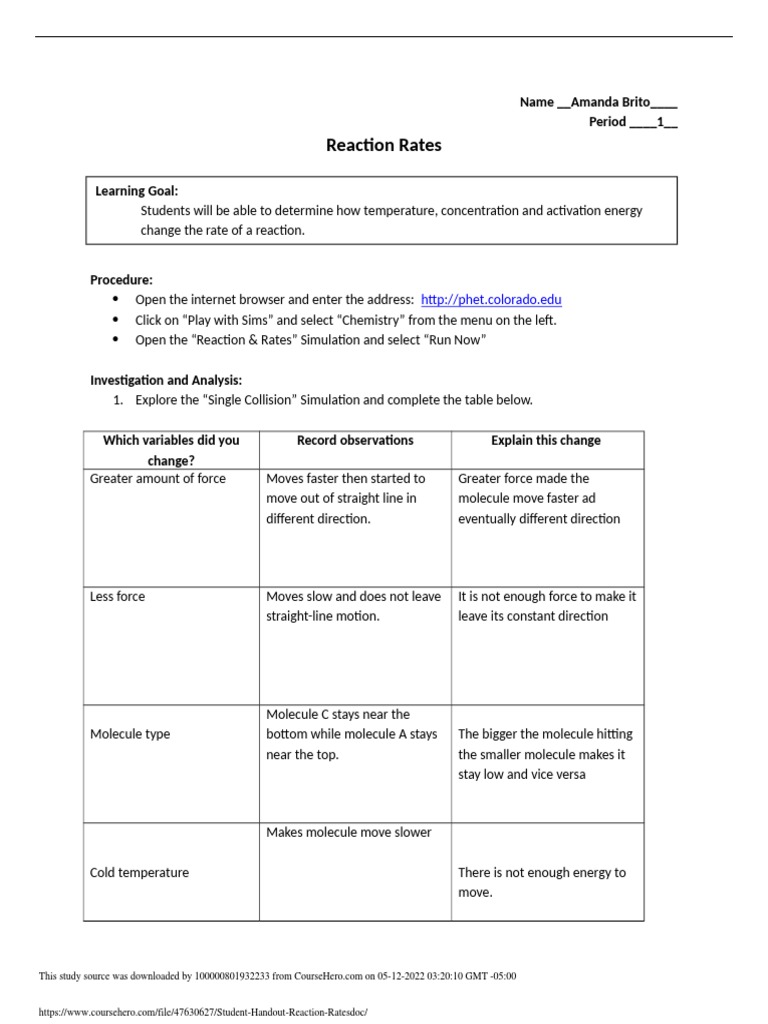 Exploring Reaction Rates with PHET Simulation | PDF | Reaction Rate ...