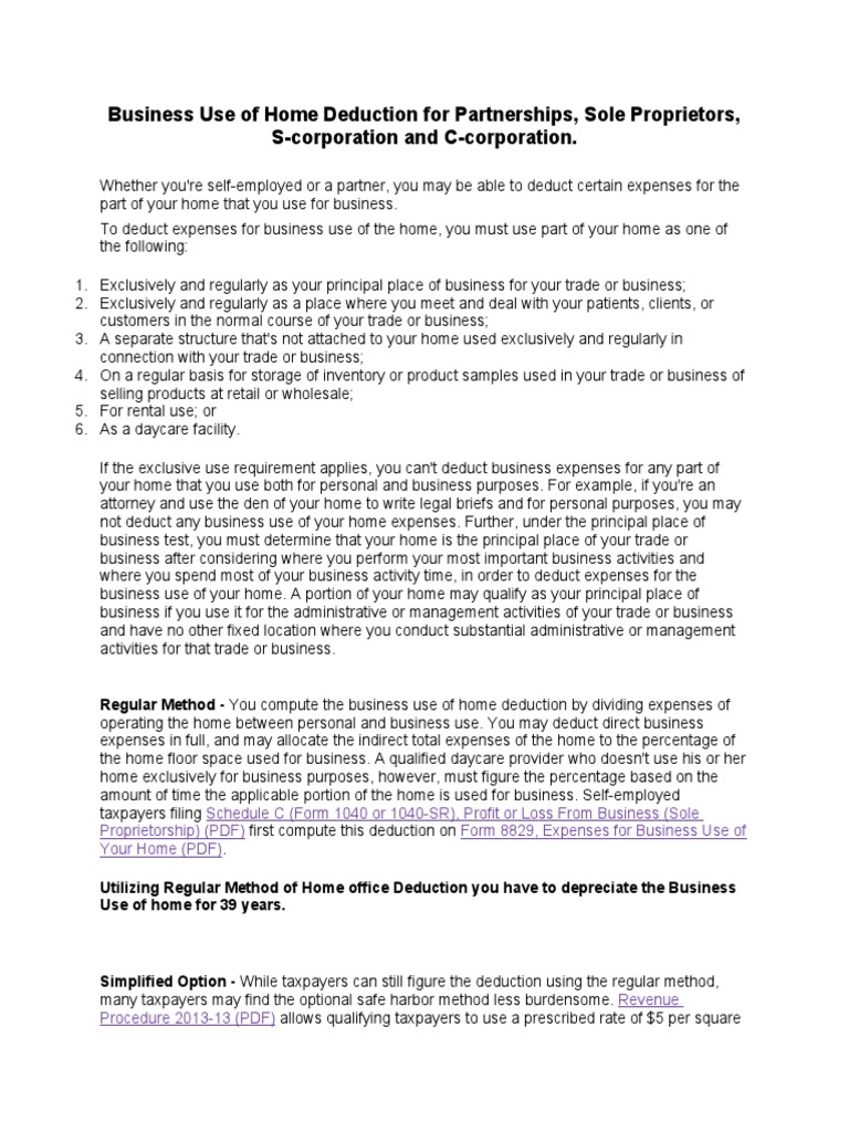 Guide On Business Use of Home Deduction PDF Tax Deduction S