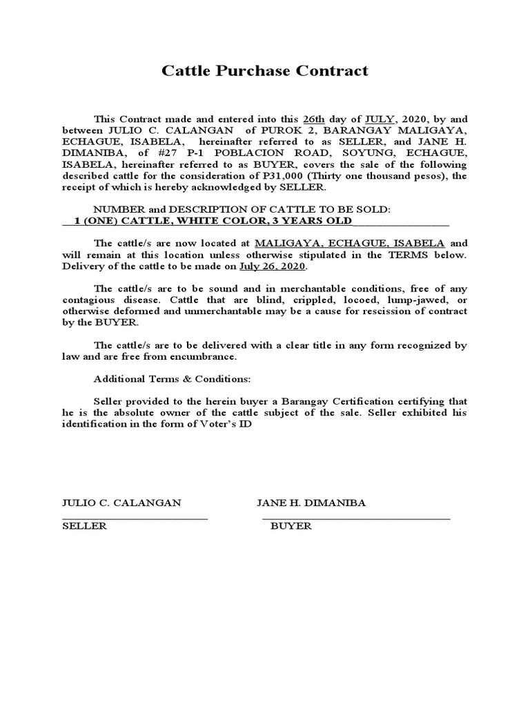 Cattle Purchase Agreement Template | PDF