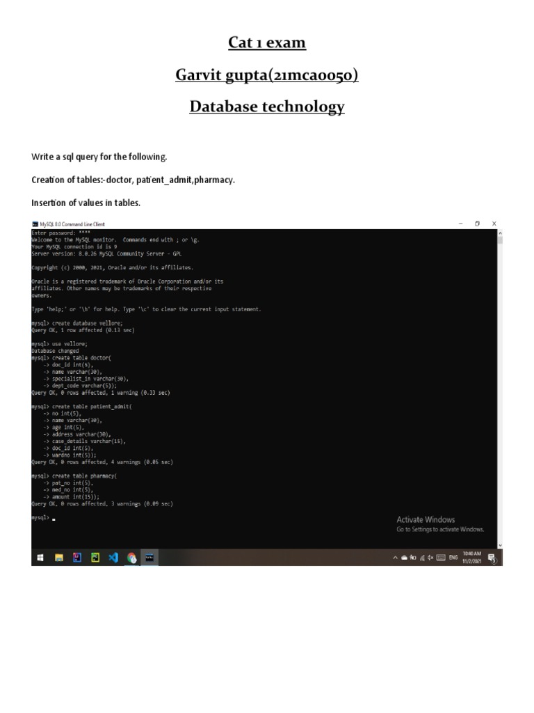 Cat 1 Exam Garvit Gupta (21mca0050) Database Technology | PDF | Computers