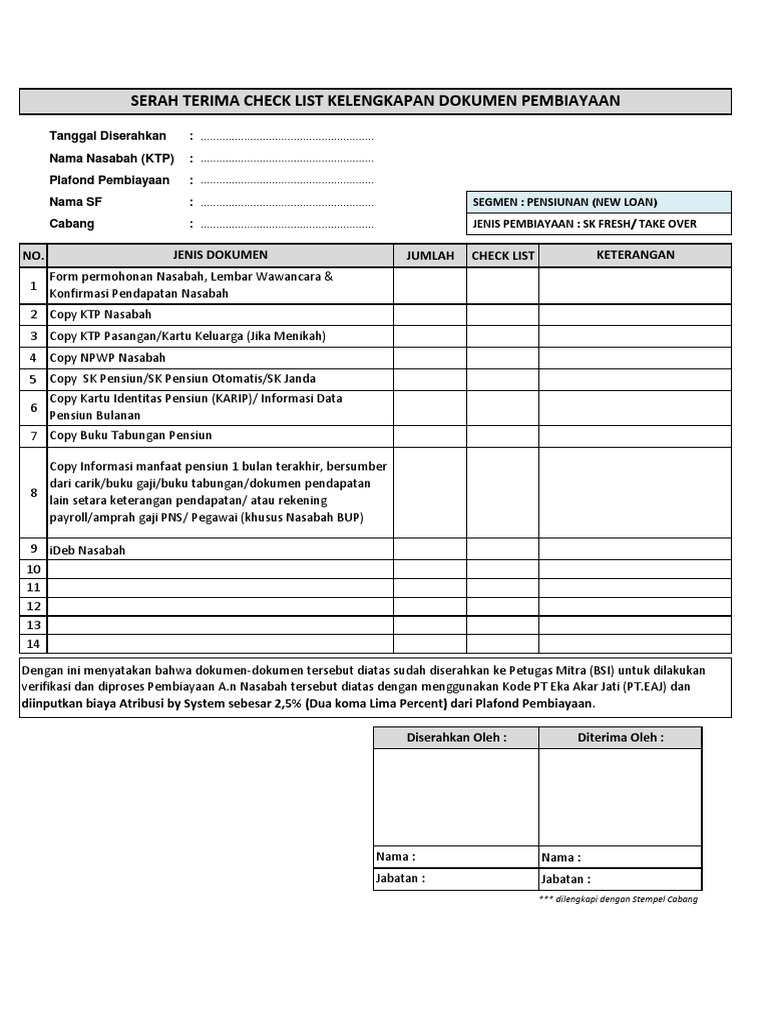 Lampiran 1 - Doc Check List Pembiayaan Atribusi PT EKA AKAR JATI | PDF