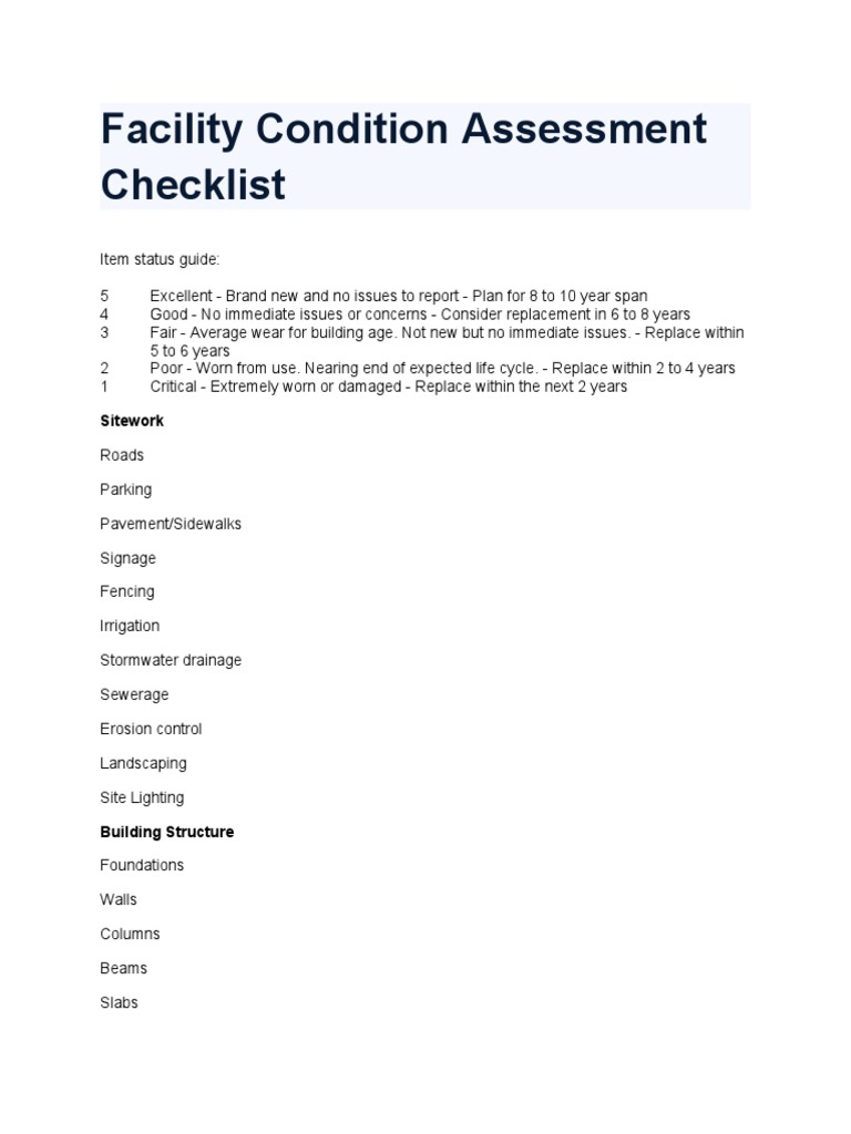 Facility Condition Assessment Checklist | PDF | Elevator | Mechanical ...