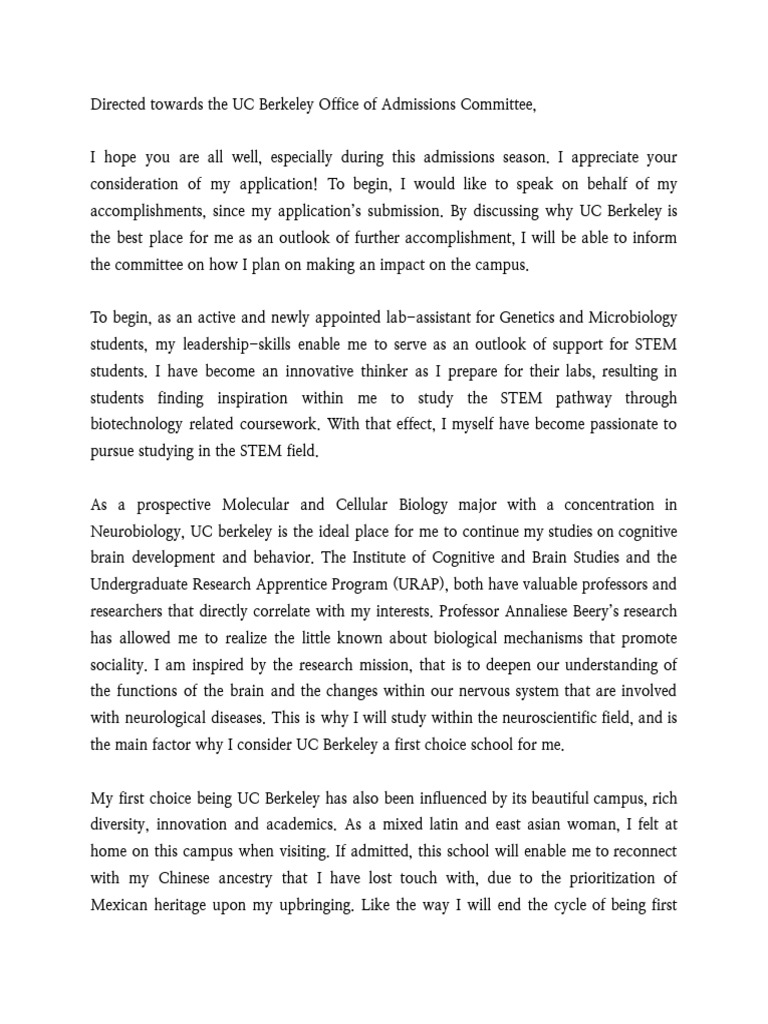 Uc Berkeley Waitlist Letter Rough Final Draft PDF Neuroscience