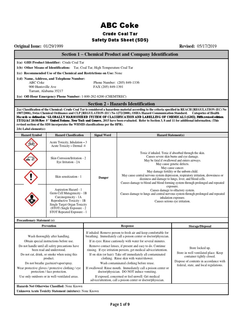 Crude Coal Tar Safety Data Sheet | PDF | Dangerous Goods | Benzene