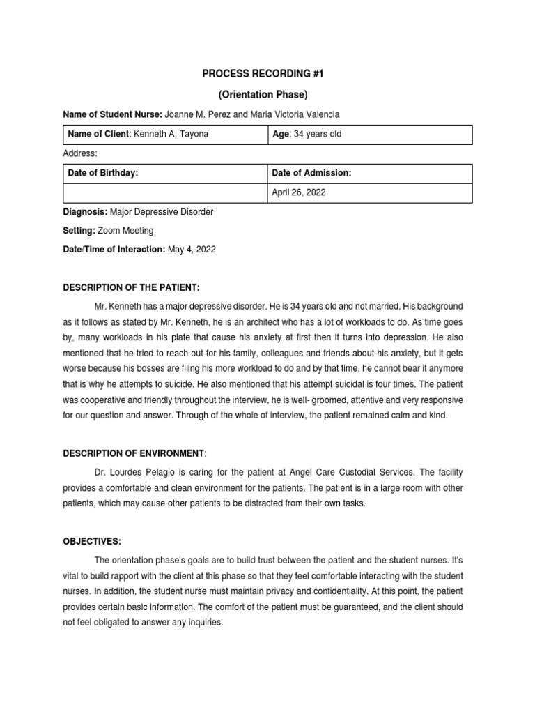 Process Recording PDF Psychological Concepts Health Sciences