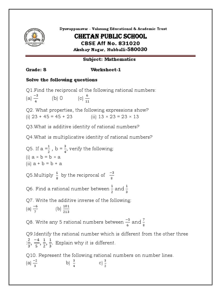 Class 8 Rational Numbers Worksheet | PDF | Multiplication ...