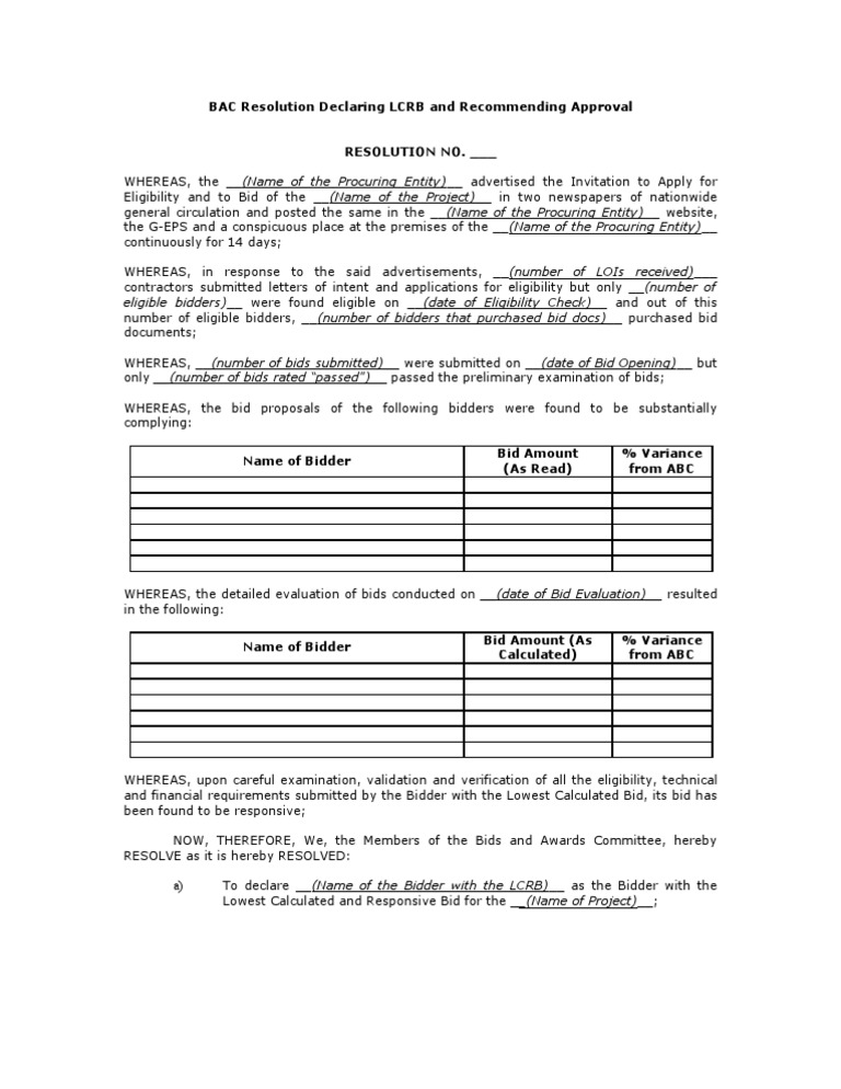 BAC Resolution Declaring LCRB and Approval