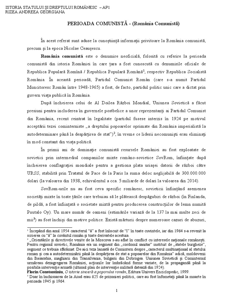Perioada Comunistă - Rizea Andreea 40813 | PDF