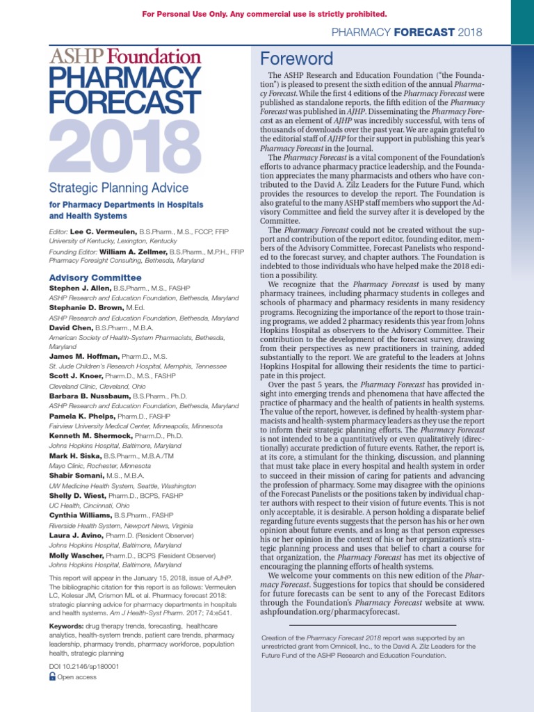 ASHP Foundation Pharmacy Forecast 2018 Strategic P PDF Food And