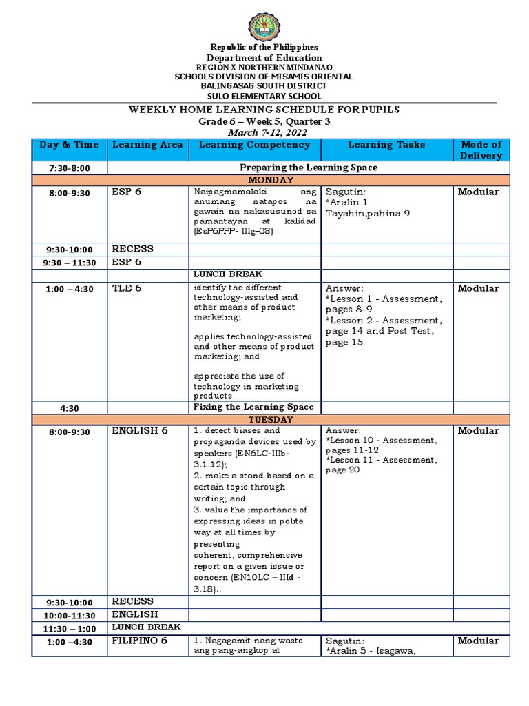 Grade 6 Weekly Learning Schedule | PDF