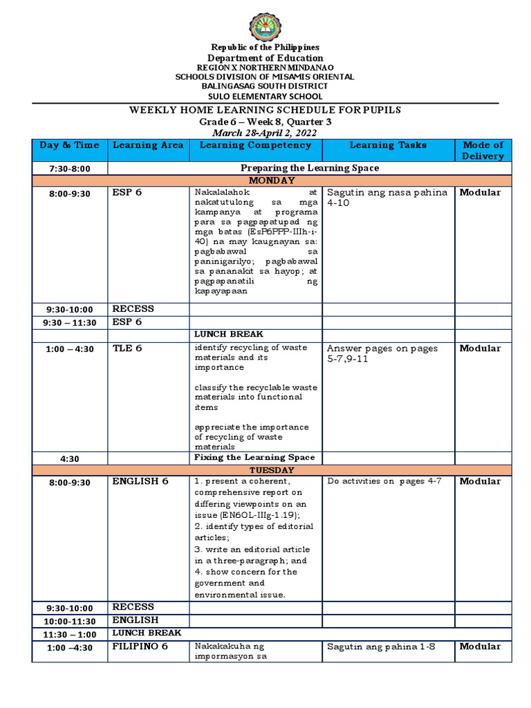 Weekly Home Learning Schedule for Grade 6 Pupils of Sulo Elementary