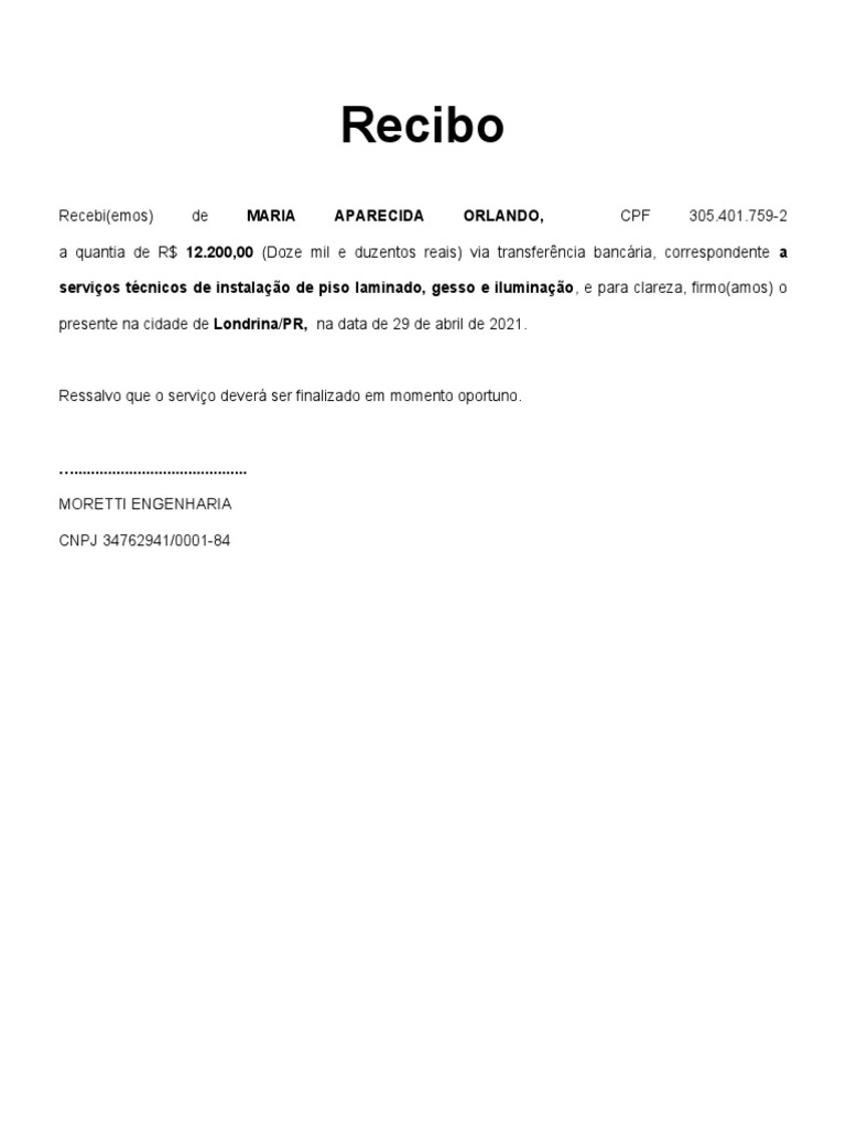 Recibo de Serviços de Instalação | PDF