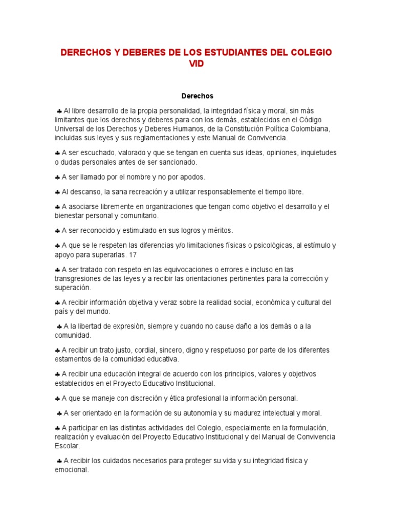 Derechos Y Deberes De Los Estudiantes Pdf Moralidad Derechos