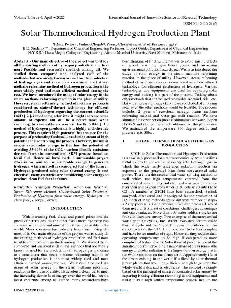 Solar Thermochemical Hydrogen Production Plant | PDF | Solar Energy ...