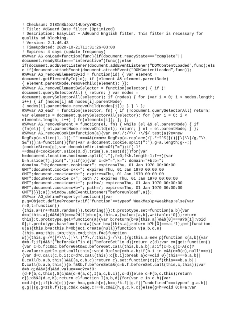 AdGuard Base filter Optimized  JavaScript code and rules for an  