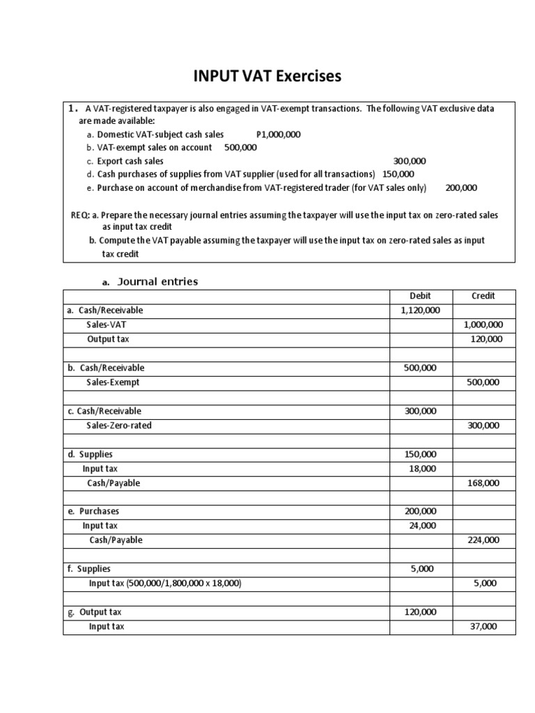 Input VAT Exercises With Solutions PDF Value Added Tax Invoice