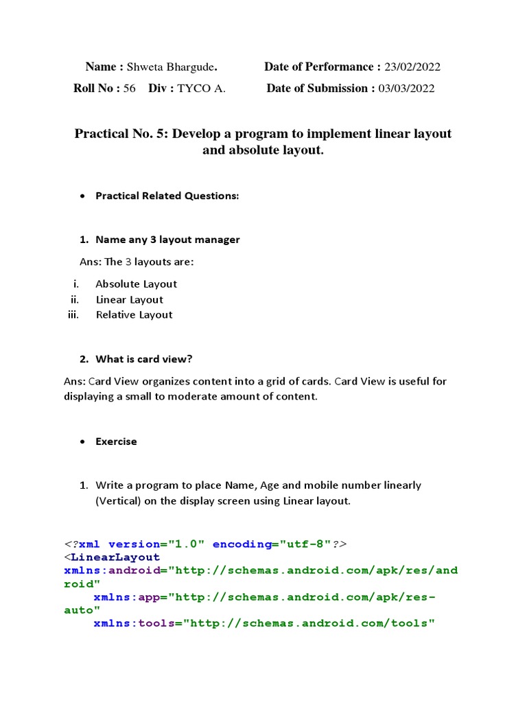 Practical No. 5: Develop A Program To Implement Linear Layout and ...