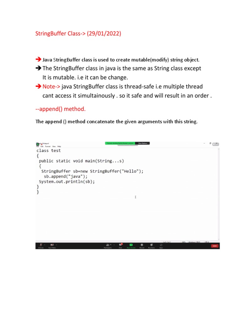 Stringbuffer Class (29/01/2022) Java Stringbuffer Class Is Used To Create Mutable (Modify