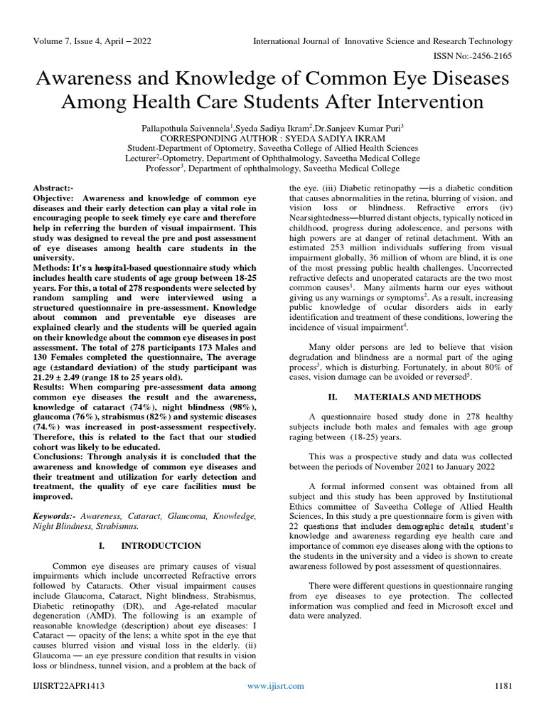 Awareness And Knowledge Of Common Eye Diseases Among Health Care