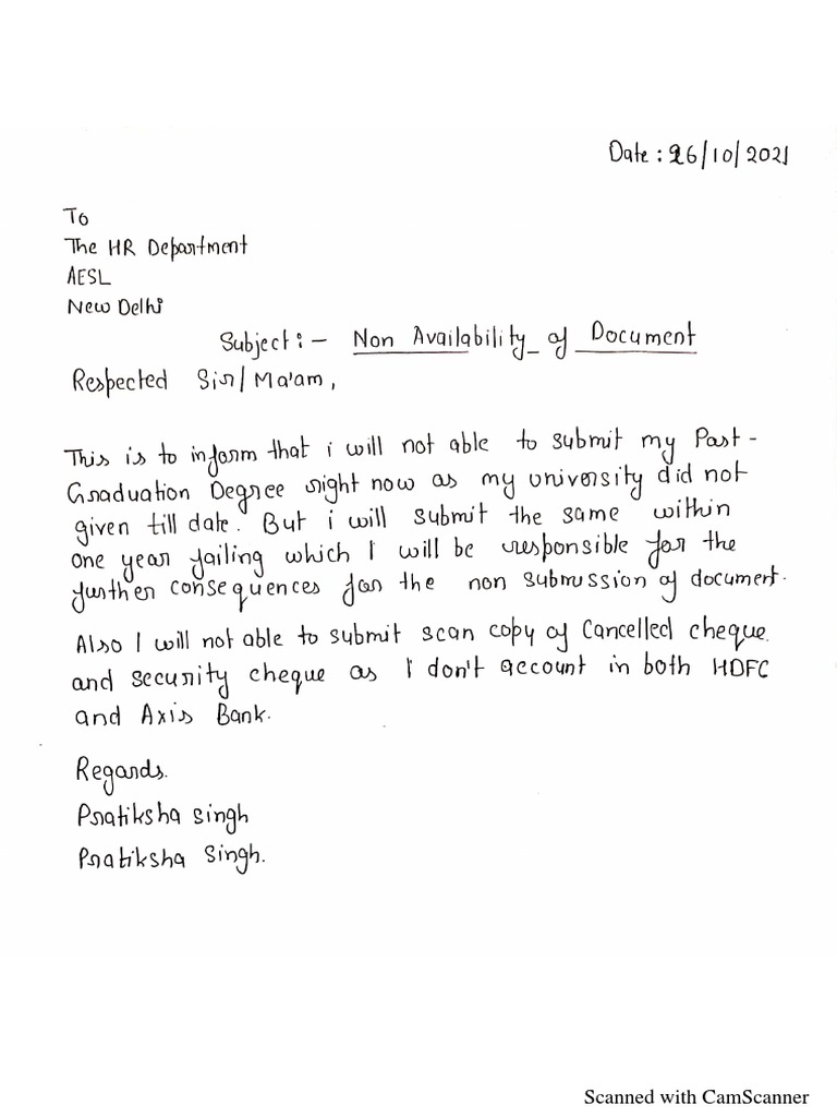 Non Availability Document Letter PDF
