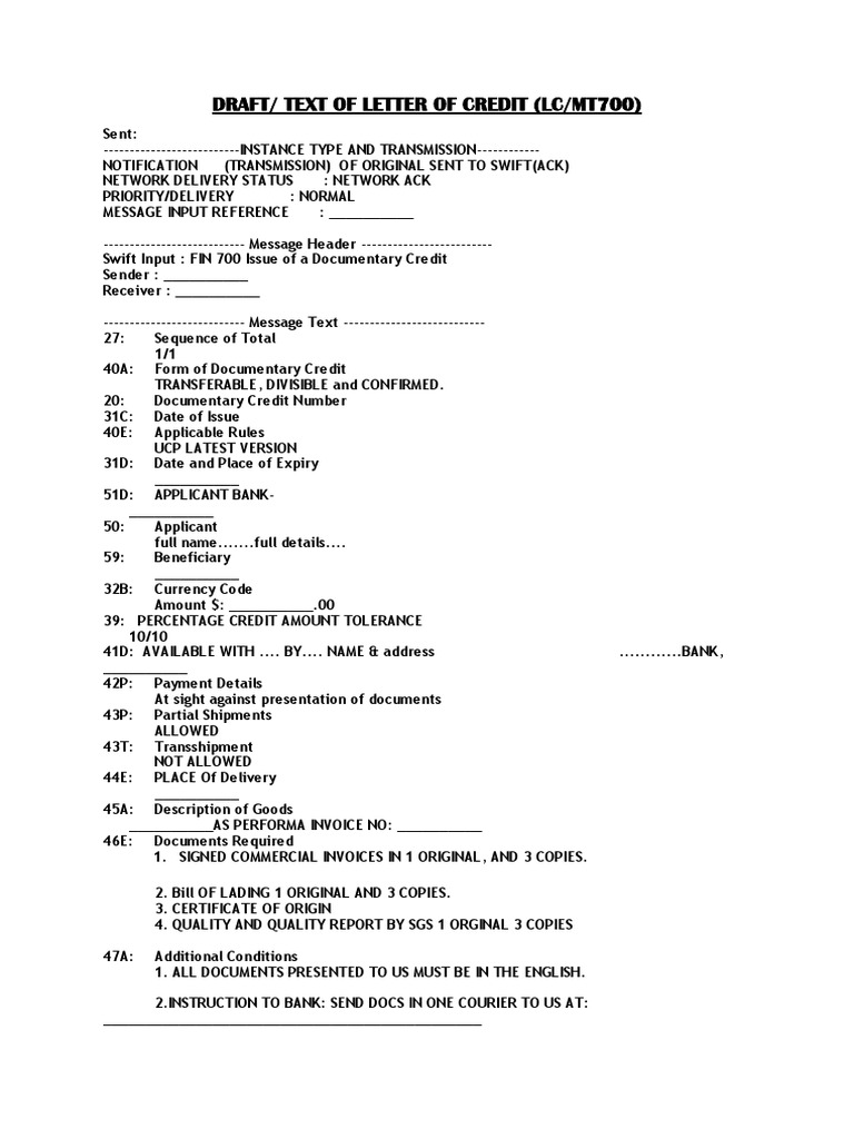 MT700 Letter of Credit Template | PDF | Letter Of Credit | Service ...