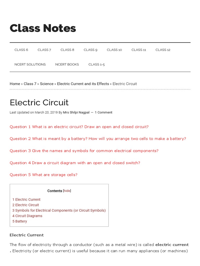 Electric Circuit - Class 7, Electric Current and Its Effects, Science ...