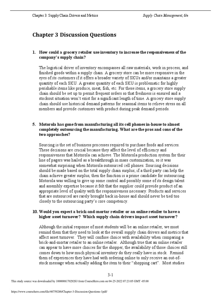 Chapter 3 Discussion Questions Chapter 3 Supply Chain Drivers and