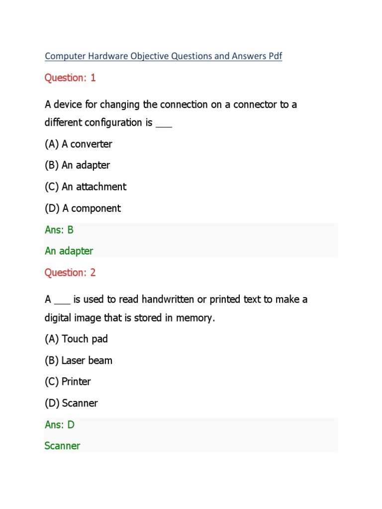Computer Hardware Objective Questions and Answers PDF
