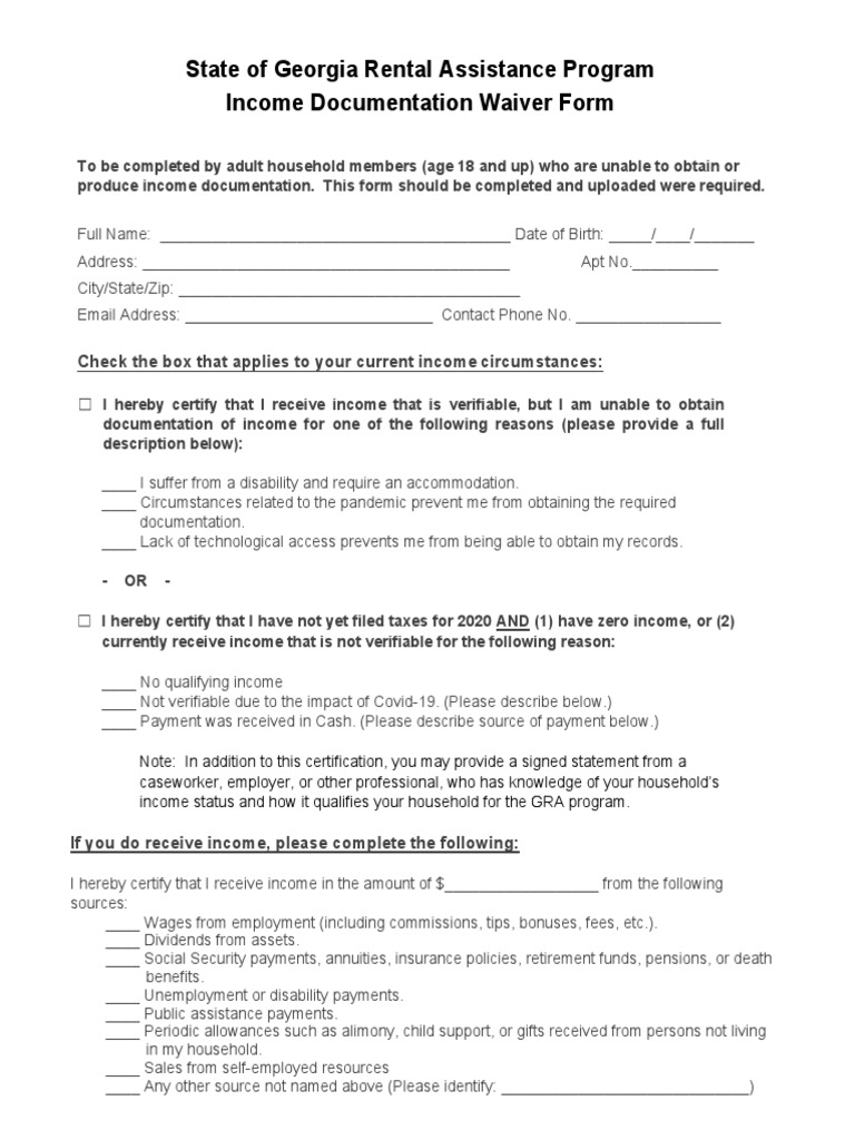 State of Rental Assistance Program Documentation Waiver