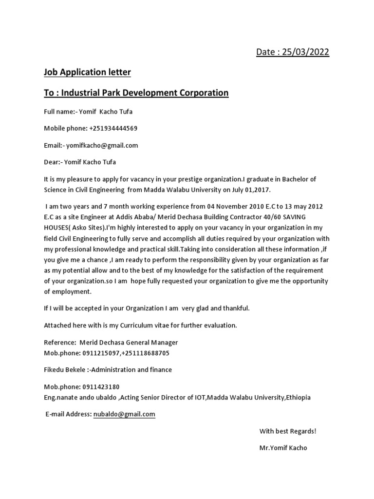 Job Application Letter To Industrial Park Development Corporation PDF