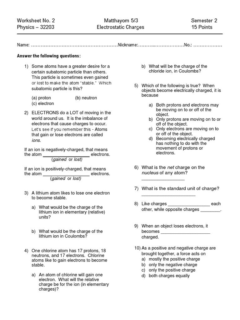 1 01 Worksheet Electrostatic Charges PDF Electric Charge Atoms