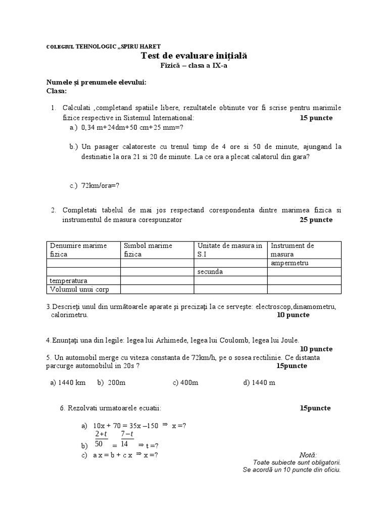 Test Initial Clasa 9 | PDF