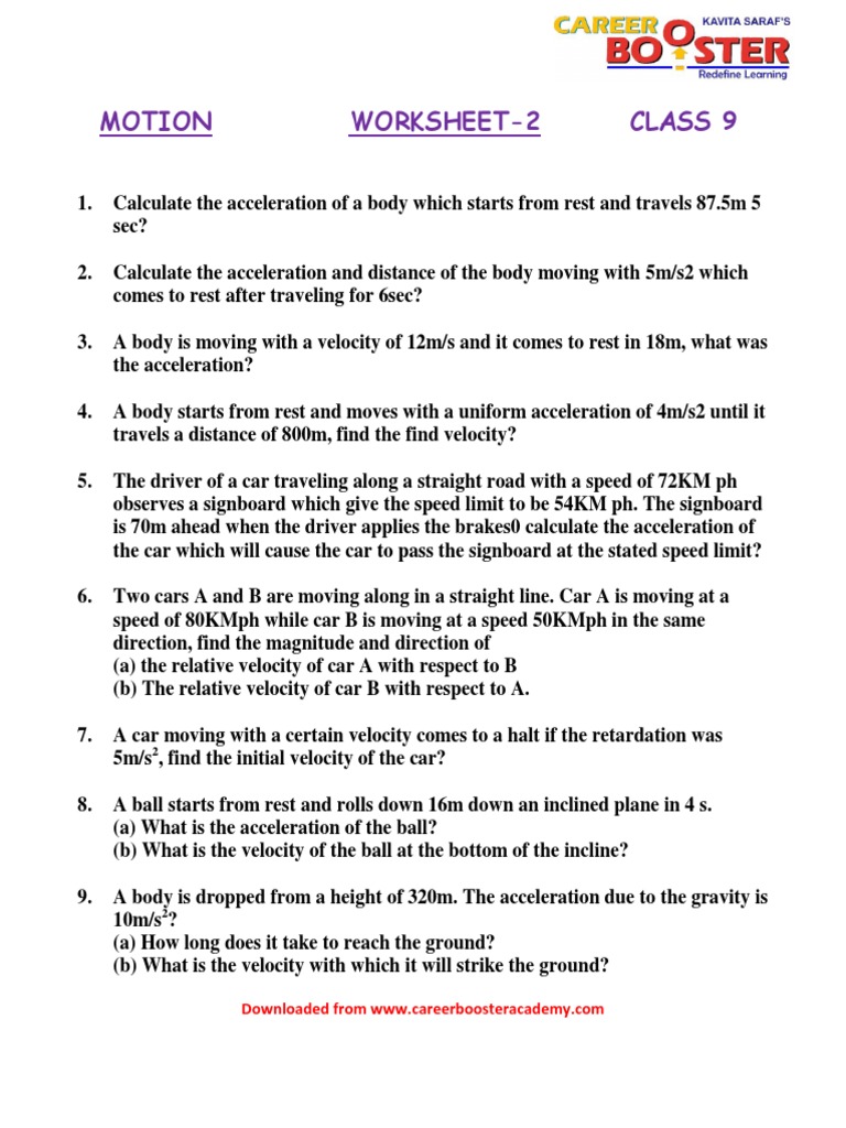 Motion Worksheet Class 9 Problems PDF Acceleration Velocity