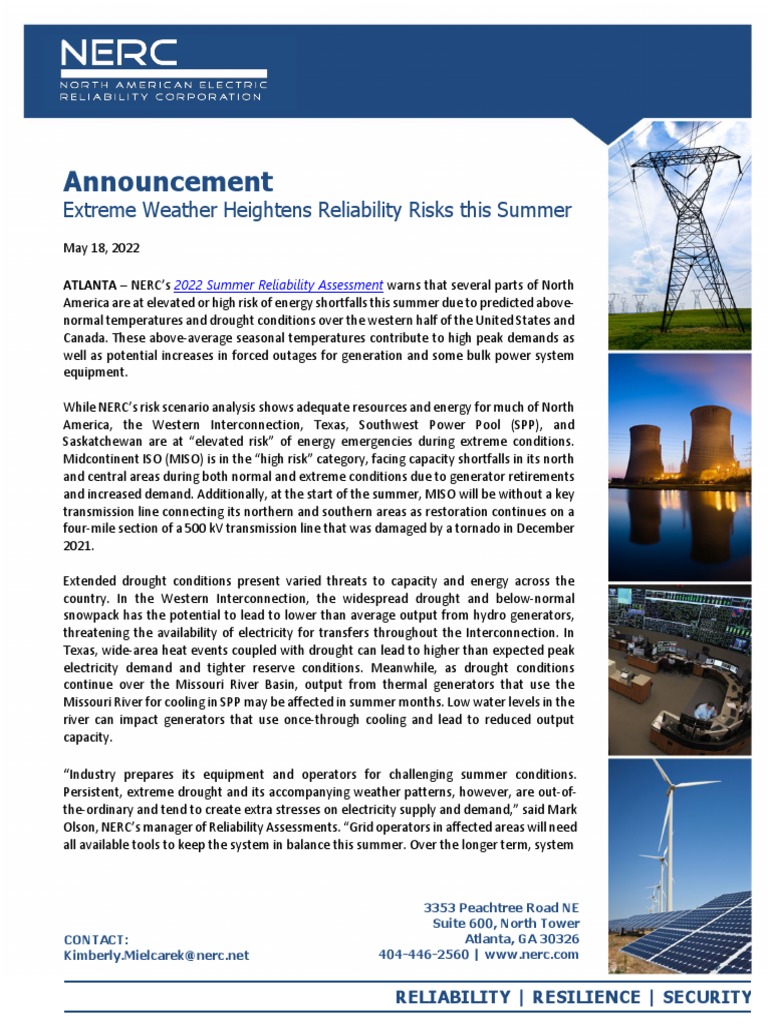 NERC Summer Assessment PDF Reliability Engineering Electric Power