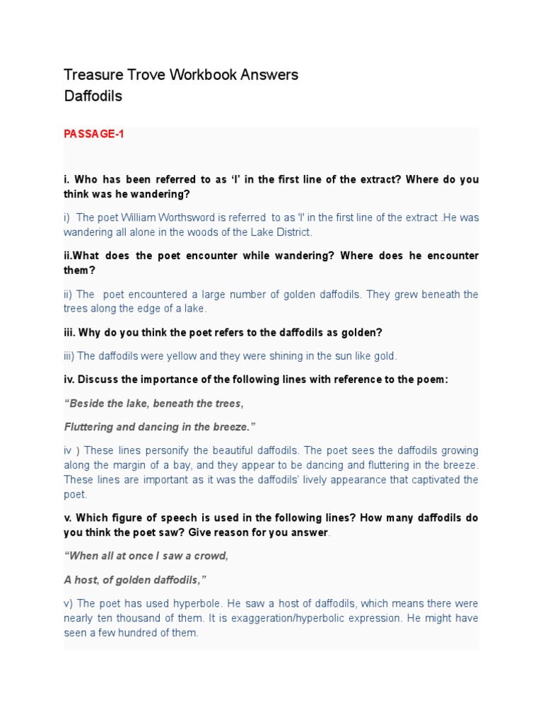 Treasure Trove Workbook Answers Daffodils Passage1 PDF Poetry