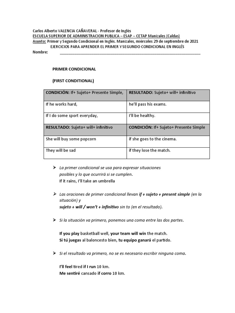 Actividad Evaluativa Primer y Segundo Condicional | PDF